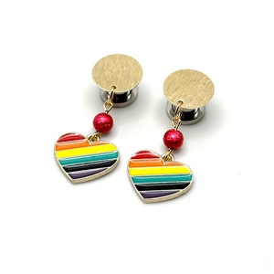 Rainbow Heart Dangle Plugs, Stud Earrings to 34mm Golden Brass Ear Hider Ear Gauges 10g 12g 1g 4g 6g 00g 000g 7/8&quot; 22mm 16mm 20mm