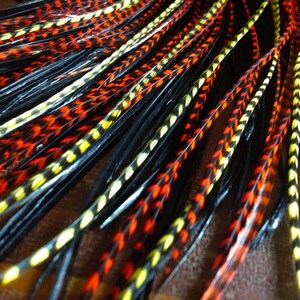 Feather Hair Extensions Halloween Orange, Black, Yellow Grizzly Long Hair Feather Extensions - 2 Bonded Bundles of 3