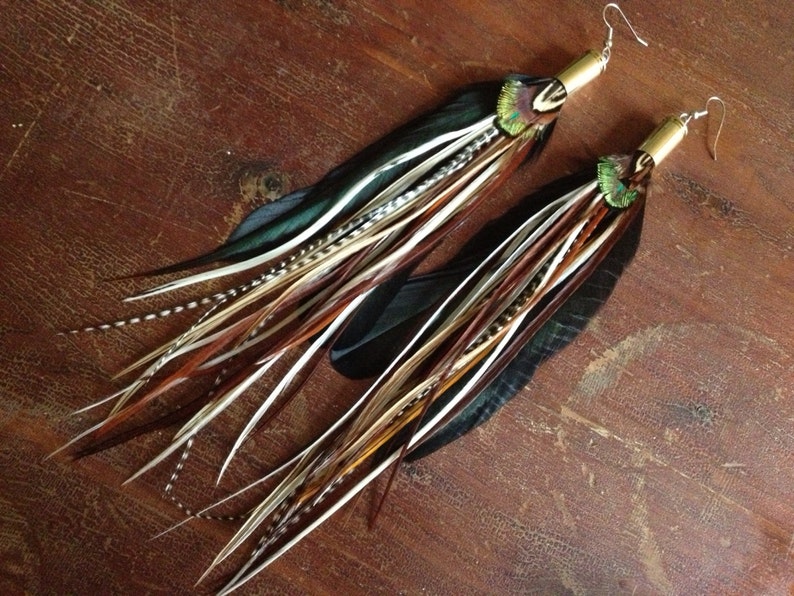 Bullet Feather Earrings Bohemian Goddess Hippie Jewelry Natural Long Real Feather Earrings 8-9 Long image 2