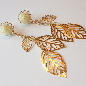 Dangle Plugs Earrings 4g 6g 2g 00g 0g Gauges Choose Rose Color, Hider Ear Plugs With Gold Filigree Leaf Dangles