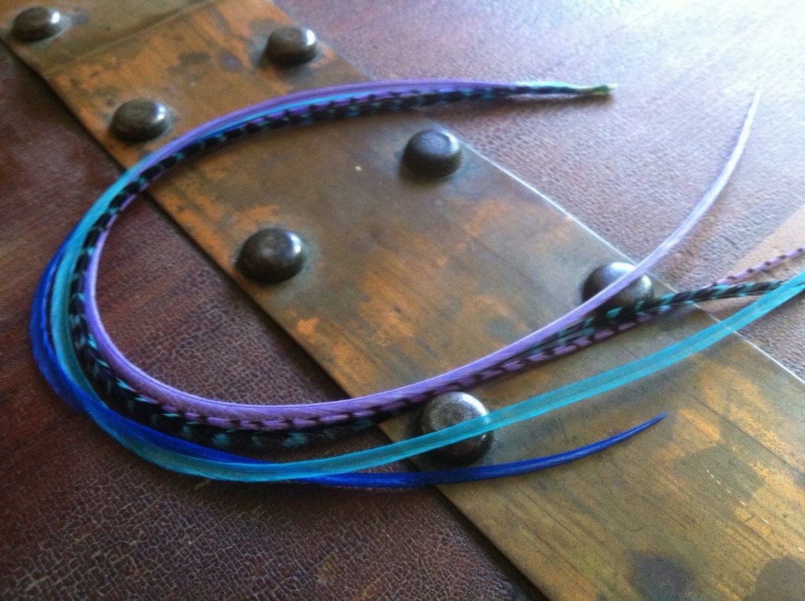 Colorful Hair Feather Extensions Purple Blue Grizzly 5 Long Etsy