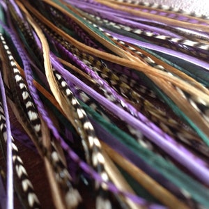 Feather Hair Extension, 8 Bonded Hair Feathers Ginger, Teal, Olive Grizzly, Purple Extra Long Feather Extensions with threader/1 Bundle