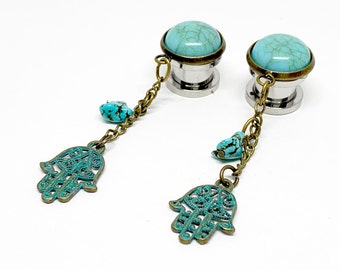 Patina Turquoise Hamsa Hand Dangle Plugs Gauges 14g 16g 8g 12g 10g 6g 4g 2g 0g 00g 000g 1/2” 9/16” 5/8” Hider Ear Plugs Earrings