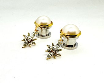 Stud Earrings to 1" (25mm) Pearl and Gold Dangle Plug Earrings Elegant Wedding Jewelry EarPlugs Wedding Hider Gauges For Brides