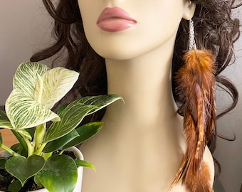 Long Feather Ear Cuff / Wrap with Chain, Earthy Brown Boho Feather Jewelry