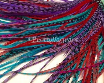 Long Hair Accessories Pink Red Purple Turquoise Feather Extensions Long Plumes Hair Feathers Grizzly Striped, Solid, Variants, 8 pcs