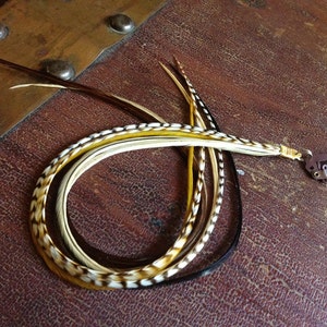 May include: A collection of feather hair extensions in various colors, including brown, black, yellow, and white. The feathers are attached to a small, brown metal clip for easy application. The extensions are arranged in a circular pattern.
