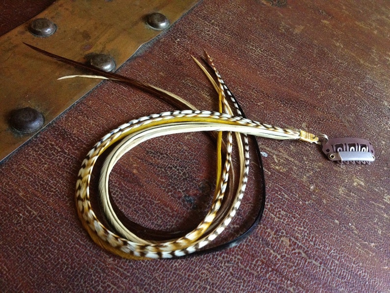 May include: A collection of feather hair extensions in various colors, including brown, black, yellow, and white. The feathers are attached to a small, brown metal clip for easy application. The extensions are arranged in a circular pattern.
