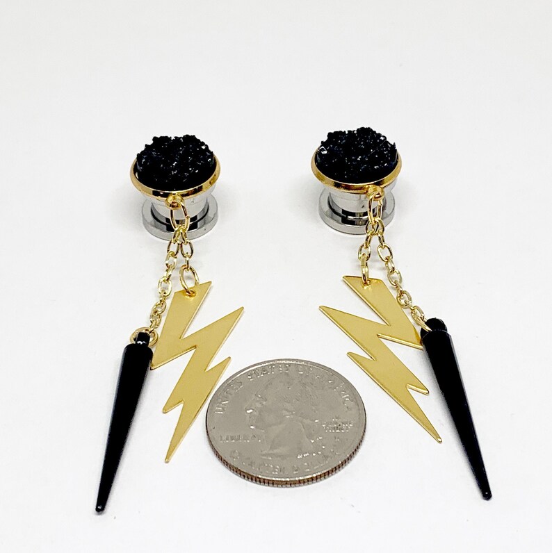 Dangle Gauges Black Spike Lightning Bolt Hanging Plugs Druzy Etsy