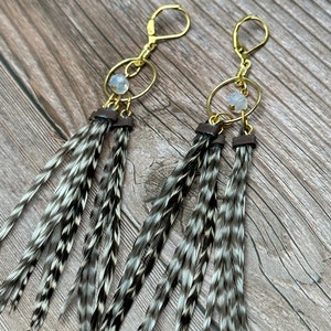 Feather Hoops 4.5-5 Long Feather Earrings, Gold, Black and White Striped Grizzly image 8