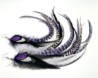 Lavender Purple Grizzly Extra Long Feather Earrings, Wire Wrapped 11-12” Festival Jewelry