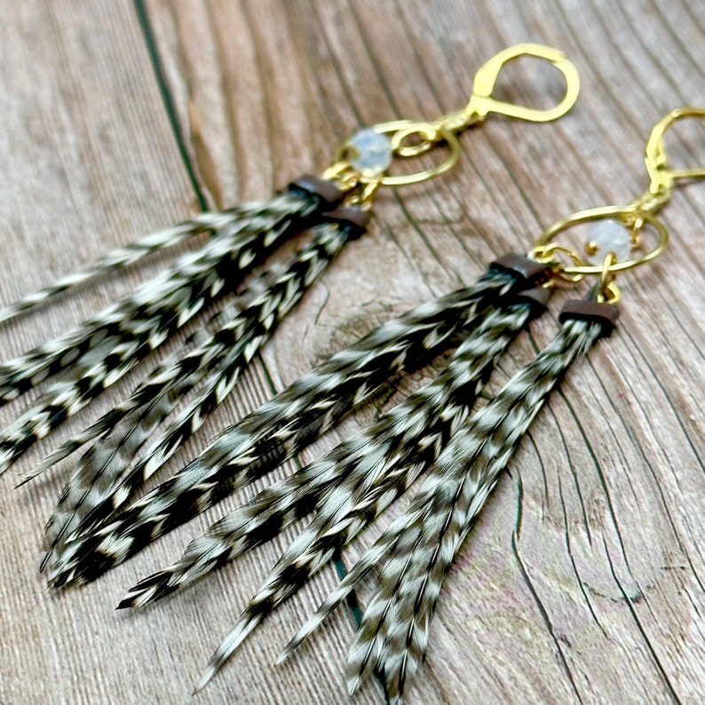 Feather Hoops 4.5-5 Long Feather Earrings, Gold, Black and White Striped Grizzly image 3