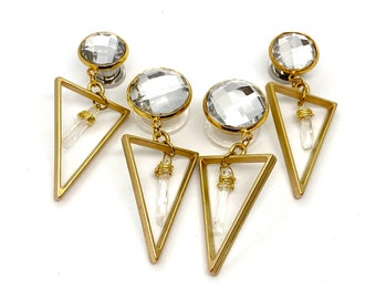 Stud Earrings to 1 1/8” (28mm) Gold Triangle Dangle Plugs, Quartz Crystal Ear Plugs Gauged Earrings 25mm 16mm 12mm 14mm 12g 6g 0g 1g