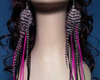 Very Long Feather Earrings Hot Pink Feathers, Black, Grizzly Statement Earings Neon Feather Jewelry