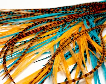 Hair Feather Extensions Aqua Turquoise Orange Peach Feather Blend Extra Long Feather Hair Extension Kit 6 feathers loose or 1 bonded bundle