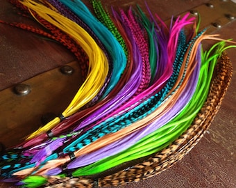 Real Feather Extensions Loose, 12 pcs Variety Pack Long Hair Feathers for Feather Hair Extensions Colorful and Natural Feathers Plumes