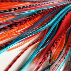 Feather Hair Extensions Turquoise Red Orange Teal Feather Extensions Long Winter Hair Accessories, 6 Hair Feather Blend, Bonded Bundle