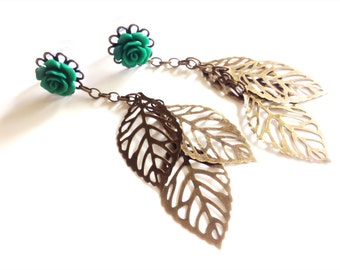 00g 0g Dangle Plugs 4g, 2g Gauged Earrings 34 Rose Colors 6g Hider EarPlugs With Bronze Leaf Dangles Stud Earrings