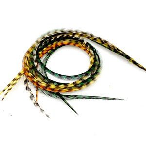 All Grizzly Feather Extensions Long 8-12&quot; Hair Feather Extensions Green, Yellow, Orange 6pcs in 1 Bonded Bundle