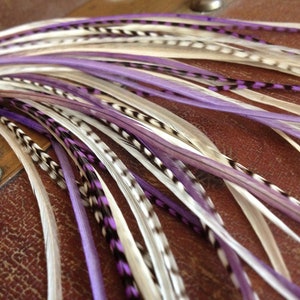 Kit d'extensions de cheveux vraies plumes crème violette Extensions de plumes violettes Cheveux collés Plumes Extensions de 8 à 11 pouces de long Plumes / 1 paquet