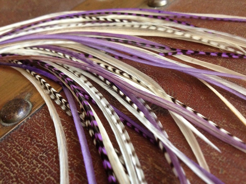 Real Feather Hair Extensions Kit Purple Cream Violet Feather Etsy