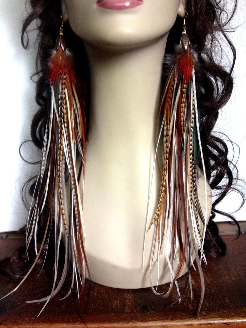 Handmade Thick Long Feather Earrings Fiery Brown Goddess Etsy