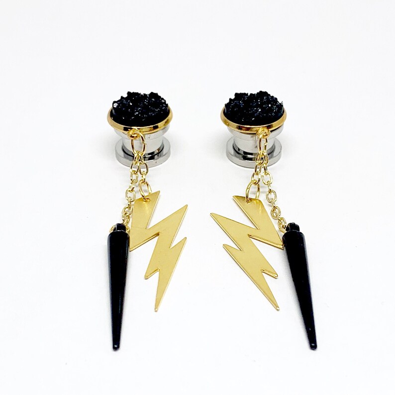 Dangle Gauges Black Spike Lightning Bolt Hanging Plugs Druzy Etsy
