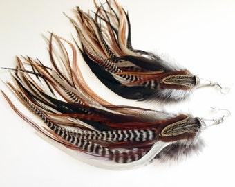 Big Feather Earrings Full Brown Goddess Jewelry Boho Hippie Rooster Feather Earrings Long (limited edition)