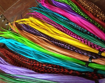 Feather Hair Extensions Rainbow Feathers Solid And Grizzly Fashion Colors 15 Long Feather Extensions ALL DYED Colorful Party Pack