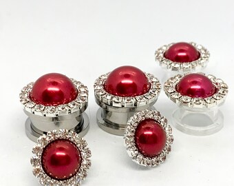 Post Earrings to 5/8” 16mm Plugs Red Pearl Rhinestone Gauged Earrings, Bridesmaid Jewelry Ear Plugs Wedding Earrings For Brides