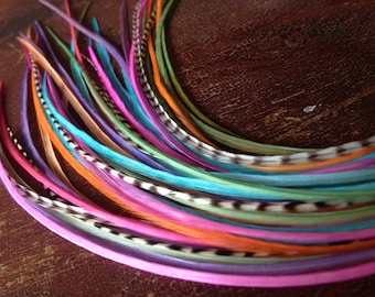 Kit de extensiones de plumas de arcoíris para el cabello, 6 plumas largas sueltas de colores brillantes, accesorios para el cabello en tonos pastel y brillantes.