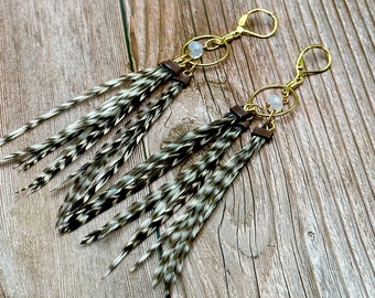 Feather Hoops 4.5-5” Long Feather Earrings, Gold, Black and White Striped Grizzly