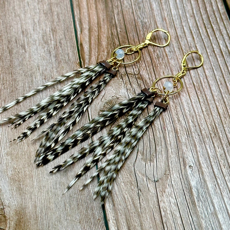 Feather Hoops 4.5-5 Long Feather Earrings, Gold, Black and White Striped Grizzly image 1