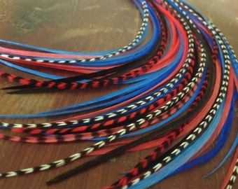 Grizzly Red Blue Feather Hair Extensions Long Festival Hair Feathers Bonded Tip Or Loose Festive Forth Of July 8-11”
