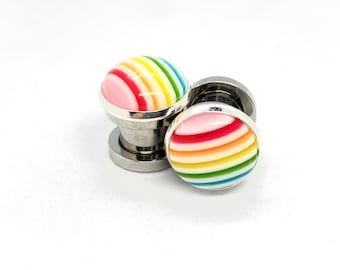 Rainbow Ear Plugs 14g 16g 8g 12g 10g 6g 4g 2g 0g 1g 00g Gauged Earrings, Button Style Hider Plugs, Screw Fit