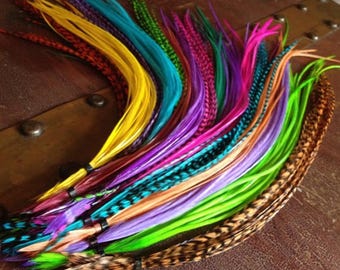 Premium XL Feather Hair Extensions 10-13" Hair Feather Grab Bag, 10 Mixed Colorful Dyed, Natural, And Grizzly Loose Feathers Extensions