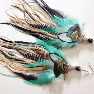 14 inch Feather Earrings Long Natural Turquoise Hippie Goddess, Big and Full Real Feather Jewelry, Summer Festival Earrings image 4