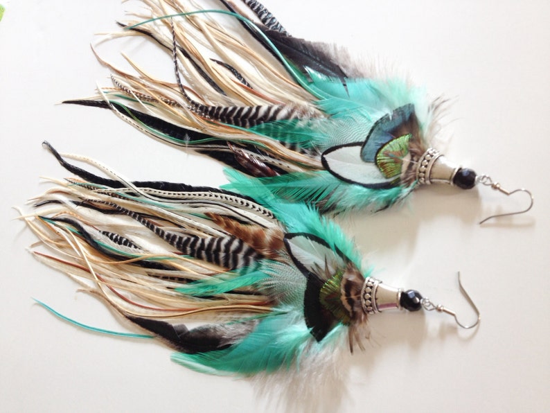 14 inch Feather Earrings Long Natural Turquoise Hippie Goddess, Big and Full Real Feather Jewelry, Summer Festival Earrings image 4