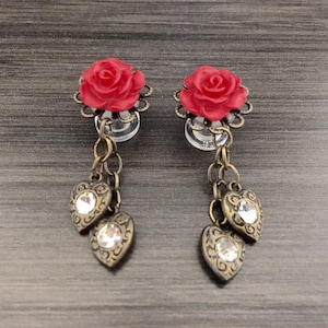 34 Rose Colors 00g 0g Red Rose Heart Dangle Plugs 5mm 4g Heart Gauges, 6g Gauged Earrings 6mm 2g Ear Plugs and Studs Dangly Body Jewelry