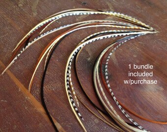 Feather Hair Extensions - Natures Brown Glory Bundle  - 1 Bundle MEDIUM Long Hair Feather Extension With 6 Bonded Rooster Feathers