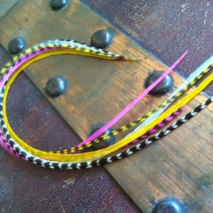 Bright Pink Grizzly Feather Hair Extensions Long Hot Pink Yellow Cream 6 Hair Feathers in 1 Bonded Bundle