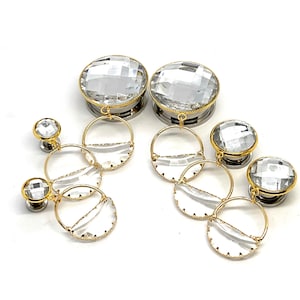 Stud Earrings to 1 1/8” 28mm Gauge Gold Crystal Dangle Plugs, Formal Ear Plugs Gauged Earrings 25mm 16mm 12mm 14mm 12g 6g 0g 1g 10g
