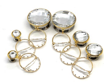 Stud Earrings to 1 1/8” 28mm Gauge Gold Crystal Dangle Plugs, Formal Ear Plugs Gauged Earrings 25mm 16mm 12mm 14mm 12g 6g 0g 1g 10g