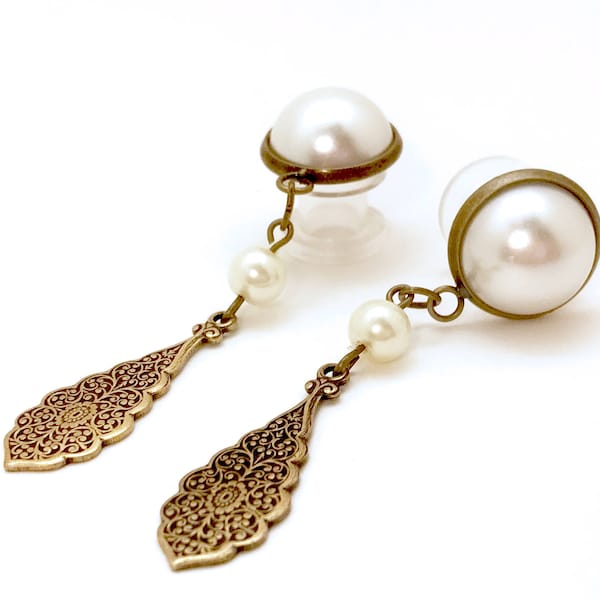 6g to 5/8" Wedding Dangle Plugs Bronze Vintage Style Dangle Gauges with Ivory Pearls Gauged Earrings 2g 4g 0g 00g 000g 7/16" 1/2" 9/16"