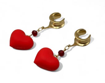 2g 6 mm から 1 3/16” 30 mm ダングル イヤープラグ バブル ハート サドル スプレッダー レッド バレンタイン ゴールド/真鍮 ハンギング プラグ イヤリング