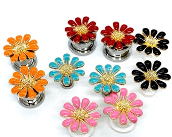 Girly Stud Earrings to 1/2” Metal Daisy Ear Plugs, Vintage Style Flower Gauged Earrings 14g 16g 12g 10g 12g 6g 4g 2g 1g 7mm 0g 00g 000g 11mm