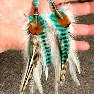 Feather Earrings White and Turquoise Short Boho Style Jewelry