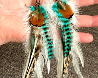 Feather Earrings White and Turquoise Short Boho Style Jewelry
