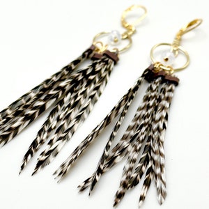 Feather Hoops 4.5-5 Long Feather Earrings, Gold, Black and White Striped Grizzly image 7