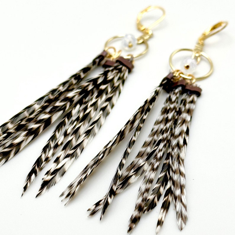 Feather Hoops 4.5-5 Long Feather Earrings, Gold, Black and White Striped Grizzly image 7